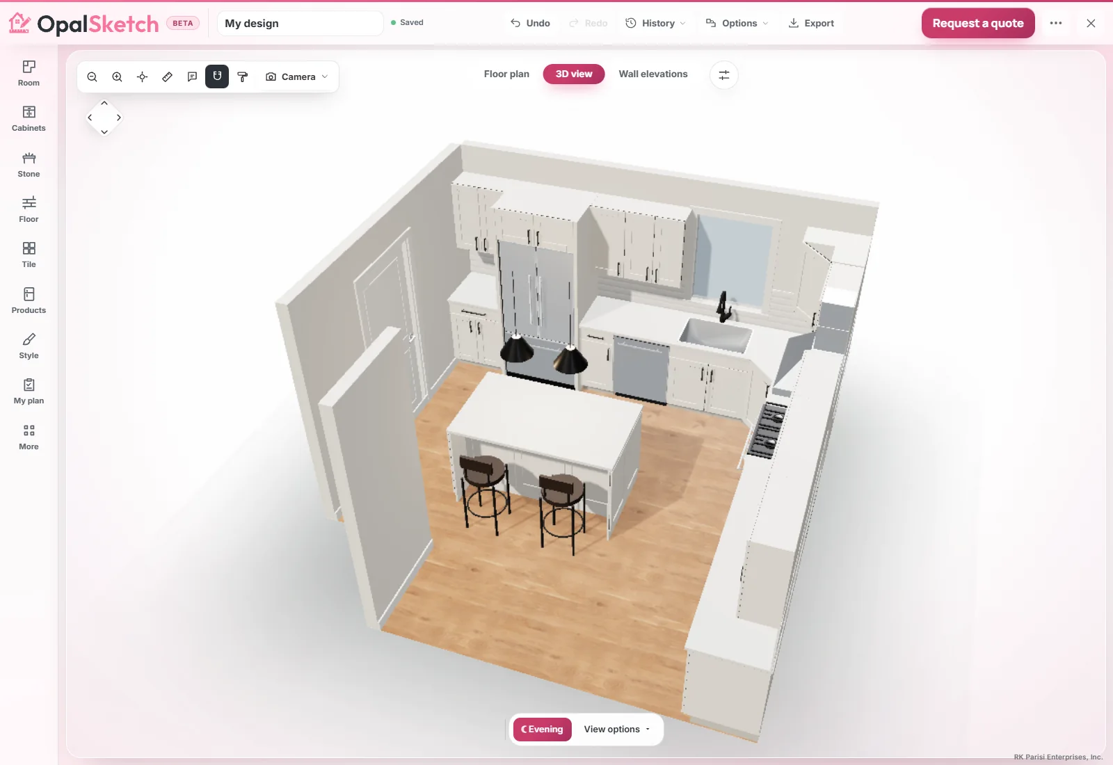 The OpalSketch 3D designer showing a kitchen with an island, bar stools and pendant lights